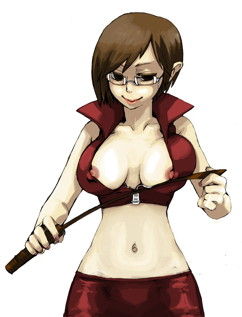 yone-shakku, meiko (vocaloid), vocaloid, 1girl, bespectacled, breasts, brown eyes, brown hair, cleavage, female focus, glasses, holding, holding riding crop, large breasts, midriff, nipple slip, nipples, riding crop, short hair, simple background, smile, solo, u203b, whip, white background