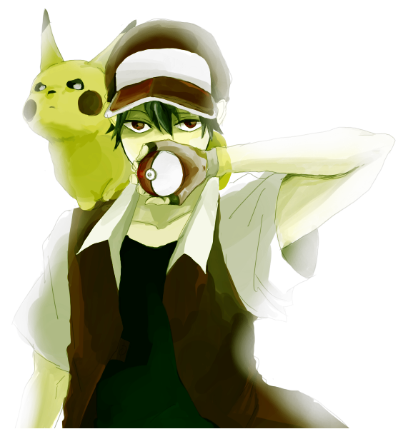 kanko, kanko (itokanashi), pikachu, pixiv red, red (pokemon), nintendo, pokemon, bad id, bad pixiv id, 1boy, baseball cap, black hair, gen 1 pokemon, hat, holding, holding poke ball, male focus, poke ball, poke ball (basic), pokemon (creature), red eyes, short hair