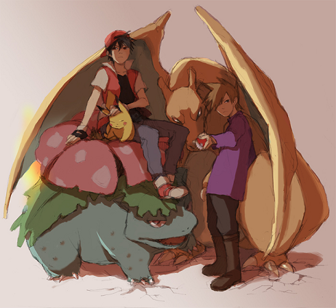 maki (mama-says), blue oak, charizard, pikachu, red (pokemon), venusaur, nintendo, pokemon, pokemon adventures, bad id, bad pixiv id, lowres, 2boys, baseball cap, black hair, brown hair, dragon, gen 1 pokemon, hat, multiple boys, poke ball, pokemon (creature), short hair, sitting
