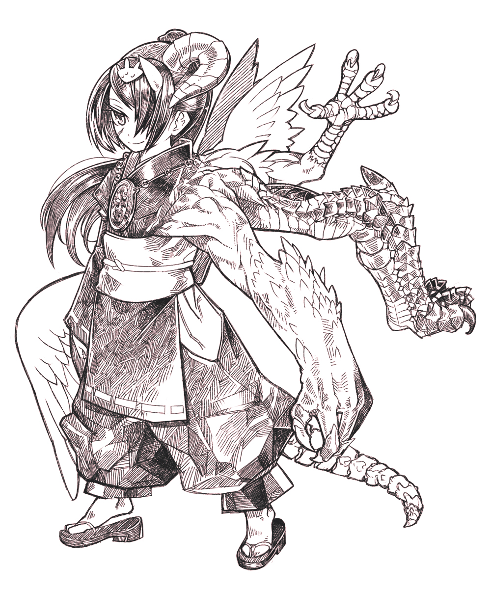 kikukawa norihiko, original, bad id, bad pixiv id, highres, claws, extra arms, greyscale, horns, japanese clothes, monochrome, monster girl, sandals, scales, solo, tail, talons, wings