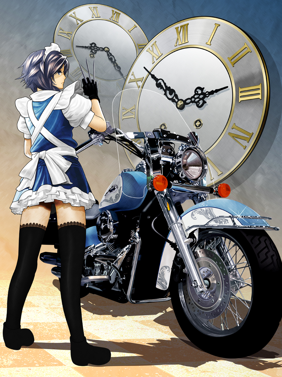 kikukawa norihiko, izayoi sakuya, touhou, silver hair, vehicle, bad id, bad pixiv id, highres, 1girl, blue eyes, clock, female focus, gloves, hairband, knife, motor vehicle, motorcycle, short hair, solo, thighhighs, throwing knife, weapon