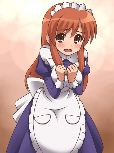 awa, asahina mikuru, suzumiya haruhi no yuuutsu, eyebrows, 00s, 1girl, alternate costume, blue dress, blush, cowboy shot, dress, enmaided, female focus, long sleeves, looking at viewer, maid, maid headdress, sidelocks, solo, standing, tareme, wrist cuffs