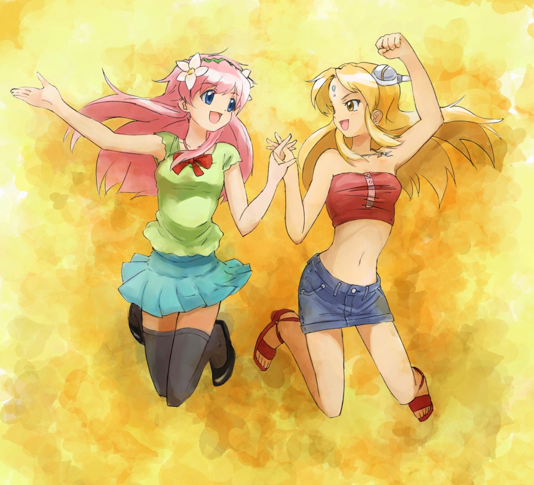 nyama, milfeulle sakuraba, ranpha franboise, galaxy angel, grey legwear, bad id, bad pixiv id, 00s, 2girls, :d, alternate costume, arm up, bare shoulders, blonde hair, blue eyes, contemporary, denim, denim skirt, holding hands, jumping, legs, long hair, midair, midriff, multiple girls, navel, open mouth, outstretched hand, pencil skirt, pink hair, ranpha franbois, sandals, shorts, skirt, smile, strapless, thighhighs, tube top, yellow eyes, zettai ryouiki