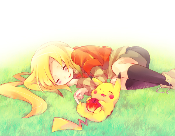 tachitsu teto, pikachu, yellow (pokemon), moemon, nintendo, pokemon, pokemon adventures, striped, 1girl, apple, black socks, blonde hair, closed eyes, creature and personification, fetal position, food, fruit, gen 1 pokemon, grass, happy, holding, holding food, holding fruit, jacket, kneehighs, long sleeves, lying, on side, personification, pokemon (creature), poking, shirt, shorts, sleeping, socks