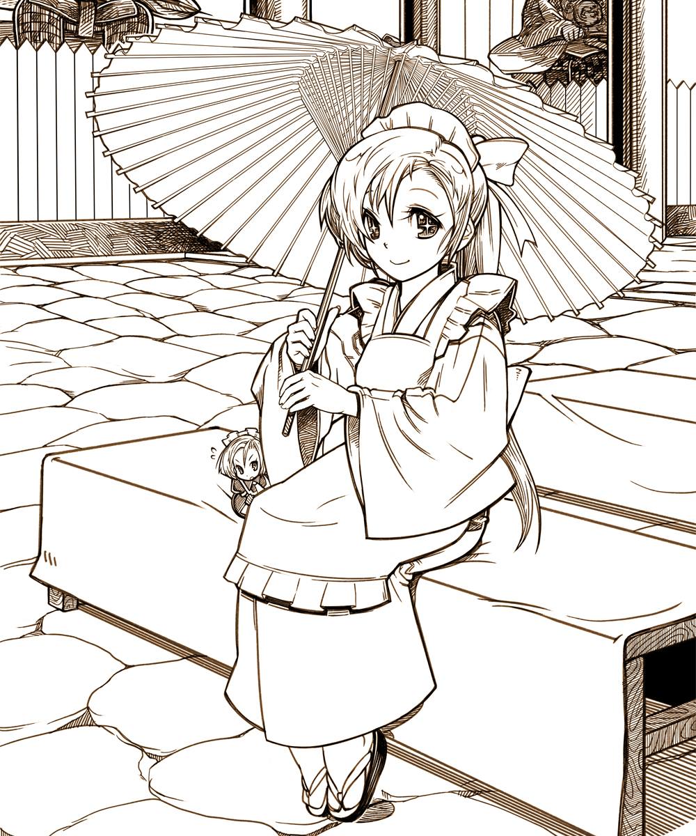 kikukawa norihiko, original, bad id, bad pixiv id, highres, + +, 1girl, brown theme, female focus, hairband, japanese clothes, mini person, minigirl, monochrome, oil-paper umbrella, parasol, ponytail, sandals, solo, umbrella