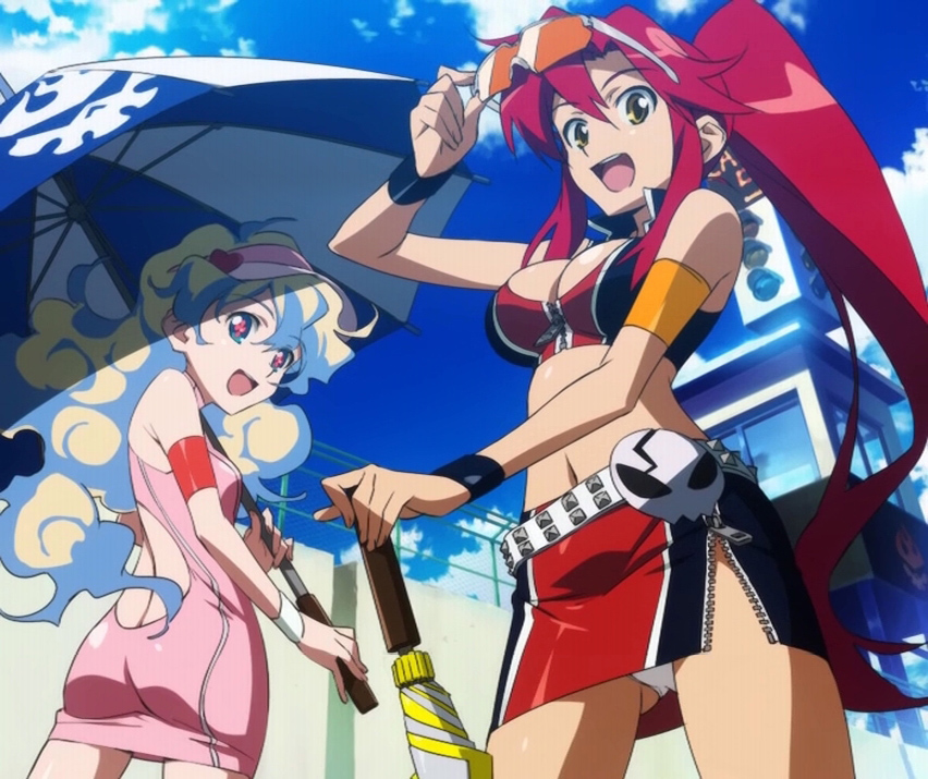 nia teppelin, yoko littner, pieces of sweet stars, tengen toppa gurren lagann, anime screenshot, stitched, third-party edit, + +, 00s, 2girls, ass, breasts, cleavage, curly hair, dress, glasses, heart, large breasts, long hair, midriff, multicolored hair, multiple girls, navel, panties, pantyshot, ponytail, race queen, red hair, sunglasses, sunglasses on head, umbrella, underwear, upskirt, white panties, wristband
