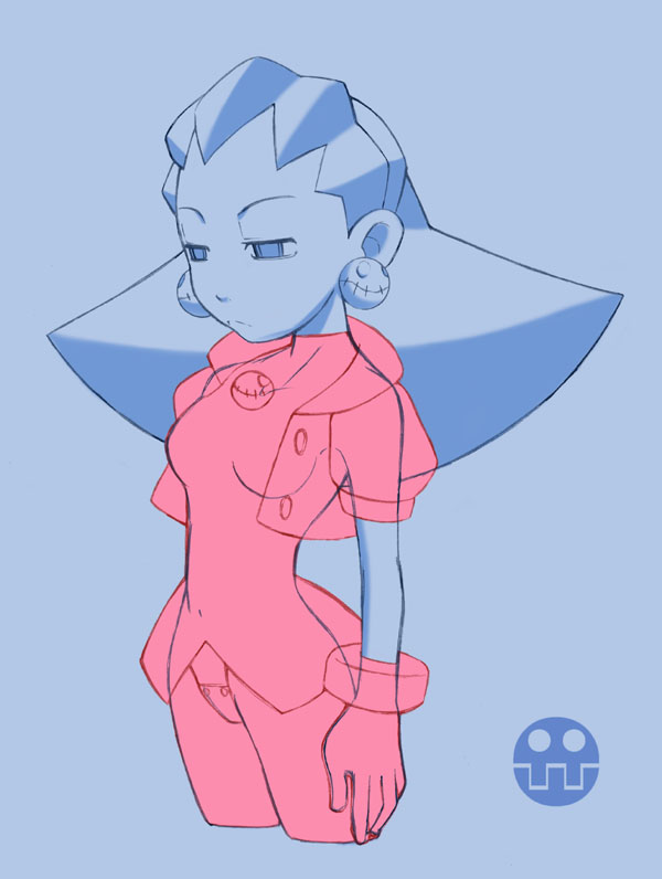 kazutora, tron bonne (mega man), capcom, mega man (series), mega man legends (series), 1girl, blue background, blue theme, cropped jacket, crotch plate, earrings, female focus, gloves, hair slicked back, jewelry, monochrome, pantyhose, pink theme, simple background, solo