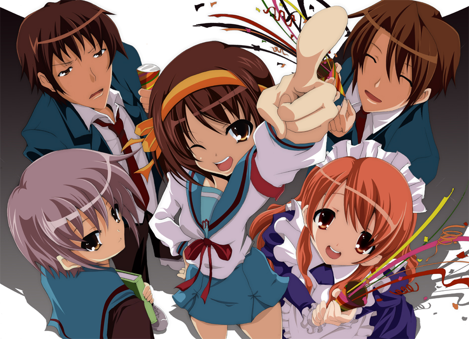 yukiomi haku, asahina mikuru, koizumi itsuki, kyon, nagato yuki, suzumiya haruhi, suzumiya haruhi no yuuutsu, silver hair, bad id, bad pixiv id, 00s, 2boys, 3girls, armband, book, brown eyes, brown hair, cardigan, confetti, foreshortening, hairband, long hair, maid, multiple boys, multiple girls, one eye closed, party popper, pointing, ribbon, school uniform, serafuku, short hair, wink