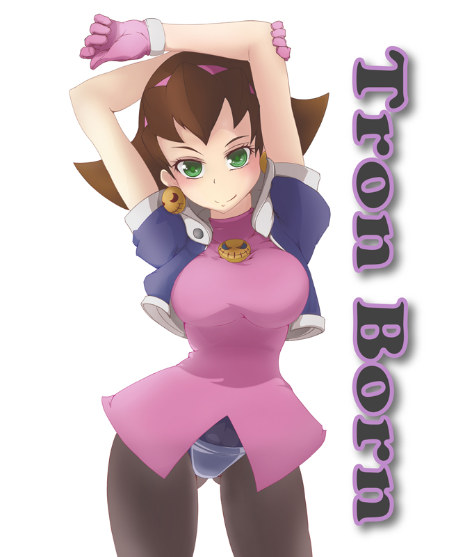 fakon, tverus, tron bonne (mega man), capcom, mega man (series), mega man legends (series), 1girl, arms up, brown hair, codpiece, cropped jacket, crotch plate, earrings, english text, engrish text, female focus, gloves, green eyes, hair slicked back, hairband, jewelry, pantyhose, pink hairband, ranguage, smile, solo, typo