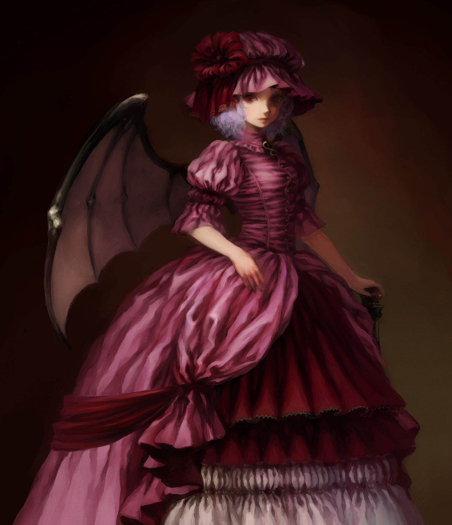 egawa satsuki, remilia scarlet, touhou, light purple hair, highres, 1girl, adapted costume, bat wings, blue hair, cane, curly hair, dress, embellished costume, female focus, frills, gathers, hat, lace, lips, portrait, red eyes, shadow, short hair, slit pupils, solo, standing, vampire, wings
