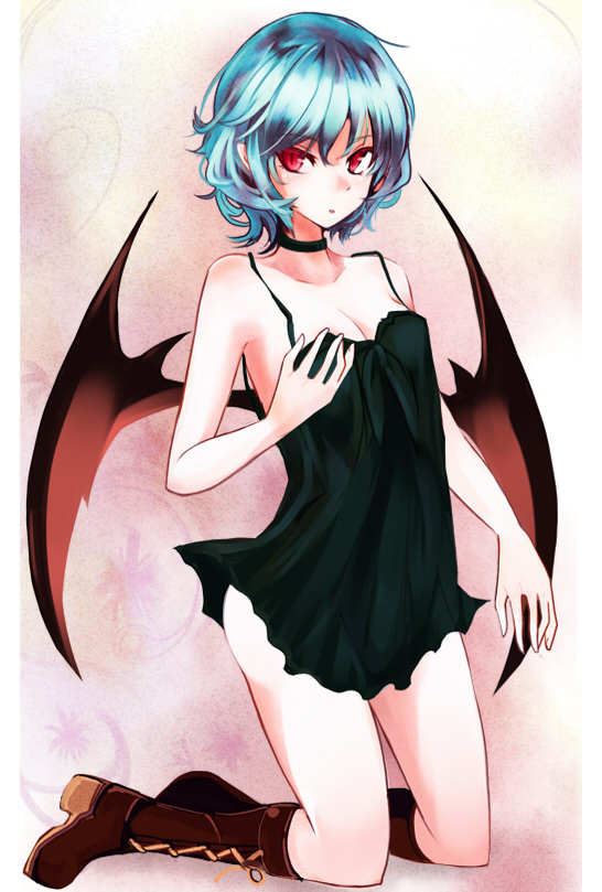 takaharu, remilia scarlet, touhou, bad id, bad pixiv id, 1girl, aged up, bat wings, blue hair, boots, chemise, female focus, kneeling, red eyes, short hair, solo, wings