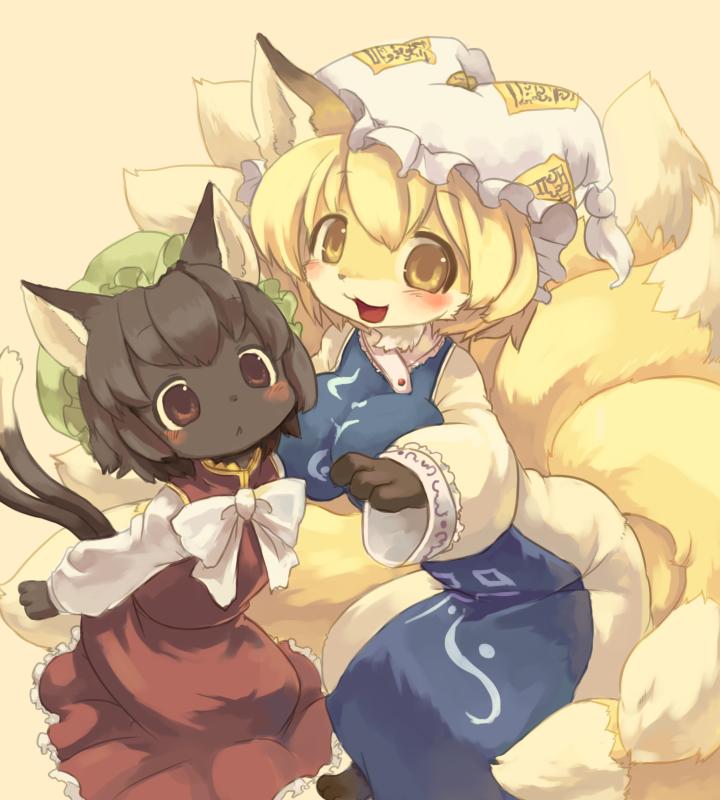 kishibe, chen, yakumo ran, touhou, jpeg artifacts, 2girls, :<, age difference, animal ears, animal hat, barefoot, black hair, blonde hair, blush, bow, breasts, cat ears, cat girl, cat tail, child, dark-skinned female, dark skin, dress, female focus, fox ears, fox tail, furrification, furry, furry female, hat, large breasts, long sleeves, mob cap, multiple girls, multiple tails, nekomata, pink eyes, short hair, smile, tail, tassel, two tails, wide sleeves, yellow background, yellow eyes