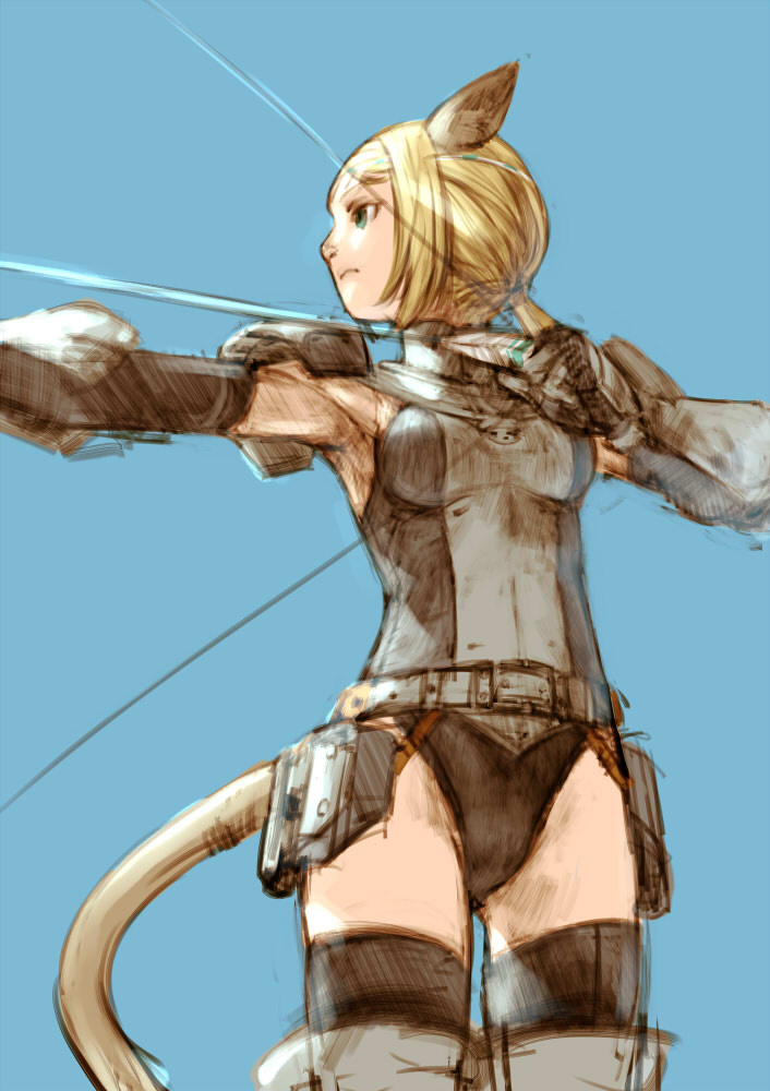 branch (blackrabbits), mithra (ff11), final fantasy, final fantasy xi, bad id, bad pixiv id, 00s, 1girl, animal ears, blonde hair, bow (weapon), female focus, green eyes, mitchra, solo, tail, thighhighs, weapon