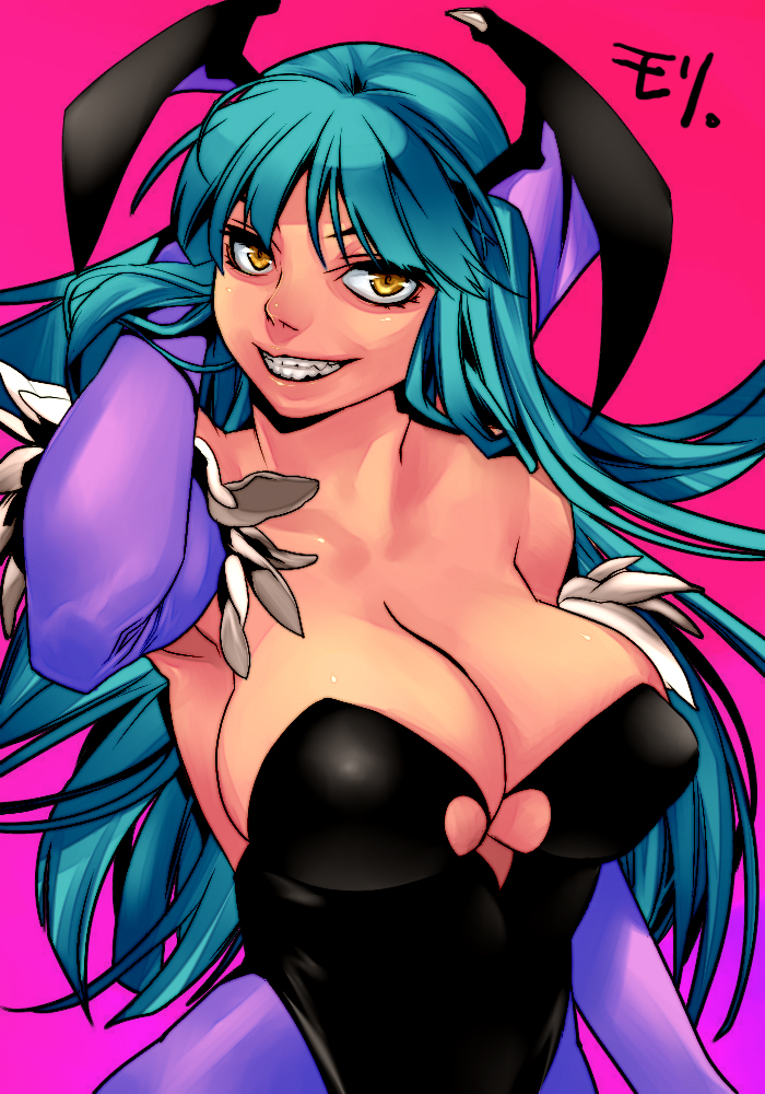 makuro, morrigan aensland, capcom, darkstalkers, bad id, bad pixiv id, 1girl, aqua hair, armpits, breasts, bridal gauntlets, cleavage, cleavage cutout, clothing cutout, demon girl, elbow gloves, female focus, gloves, green hair, grin, head wings, heart, large breasts, pantyhose, smile, solo, teeth, wings, yellow eyes