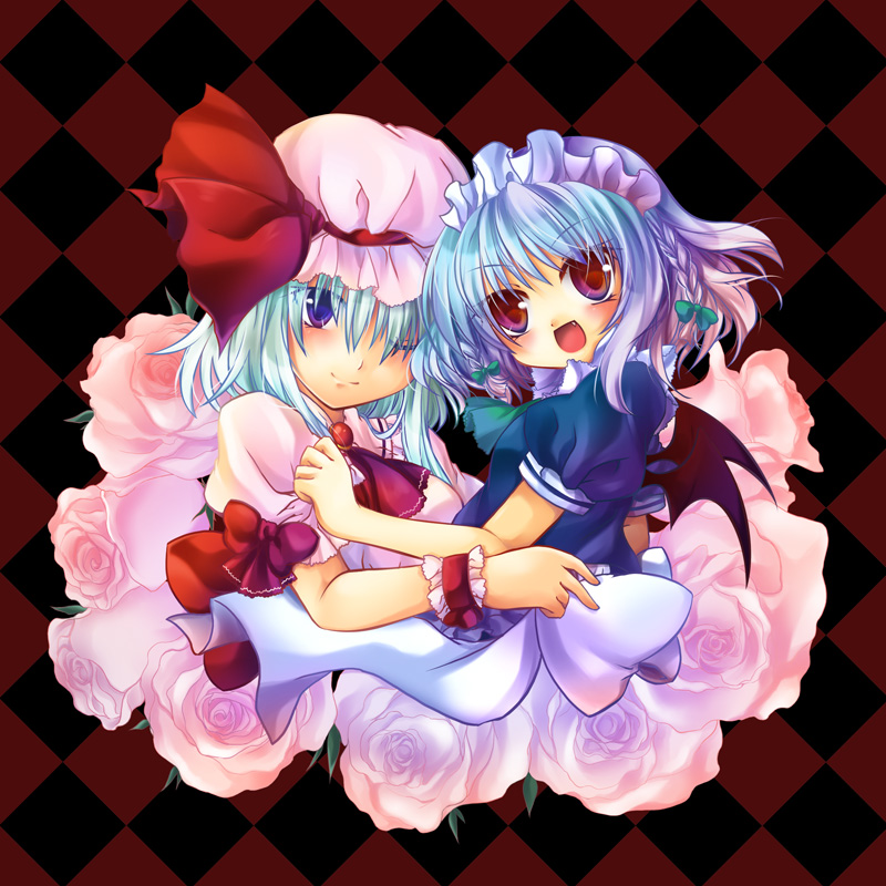 anna (small night), hane (x20285), izayoi sakuya, remilia scarlet, embodiment of scarlet devil, touhou, silver hair, 2girls, bat wings, blue eyes, blue hair, braid, cosplay, costume switch, fang, female focus, flower, hairband, hat, izayoi sakuya (cosplay), multiple girls, red eyes, remilia scarlet (cosplay), rose, short hair, twin braids, wings, wrist cuffs