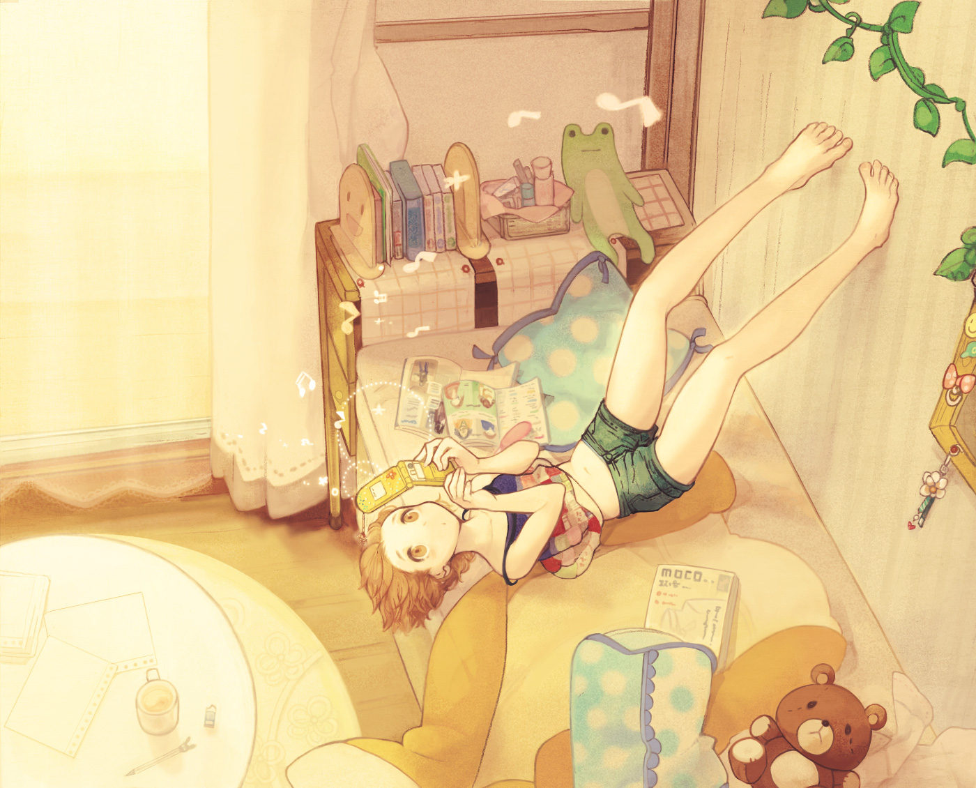 372, bad id, bad pixiv id, 1girl, barefoot, bed, brown eyes, brown hair, cellphone, feet, female focus, frog, legs, midriff, phone, room, short hair, slice of life, solo, stuffed animal, stuffed toy, teddy bear, upside-down