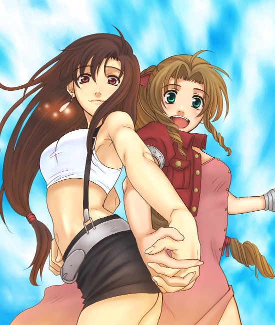 akaza shiro, aerith gainsborough, ranka lee, sheryl nome, tifa lockhart, final fantasy, final fantasy vii, macross, macross frontier, bad id, bad pixiv id, 2girls, back-to-back, belt, black hair, blonde hair, bow, breasts, brown eyes, brown hair, dress, earrings, green eyes, hair ribbon, holding hands, jewelry, lion (macross frontier), long hair, low-tied long hair, midriff, multiple girls, parody, pencil skirt, pink bow, pink dress, ponytail, ribbon, shirt, skirt, smile, suspender skirt, suspenders, taut clothes, taut shirt