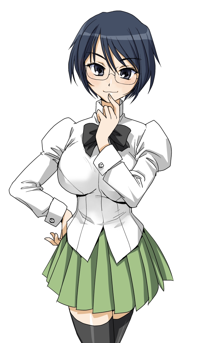 pakrin, hakamichi shizune, katawa shoujo, highres, 10s, 1girl, black eyes, black hair, black thighhighs, breasts, cowboy shot, deaf, female focus, glasses, hand on own chin, hand on own hip, hip focus, large breasts, puffy sleeves, school uniform, short hair, simple background, skirt, smile, solo, stroking own chin, thighhighs, white background, zettai ryouiki
