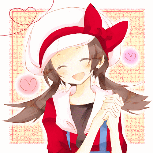 lyra (pokemon), nintendo, pokemon, pokemon hgss, lowres, 00s, 1girl, brown hair, closed eyes, female focus, hat, hat ribbon, heart, heart of string, long hair, own hands clasped, own hands together, red ribbon, ribbon, simple background, smile, solo, unbuttoned