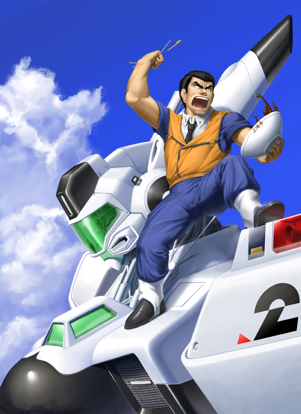 crow (torigoya), torigoya, av-98 ingram, ingram unit 2, ohta isao, oota isao, kidou keisatsu patlabor, uniform, highres, 1boy, chopsticks, cloud, day, food, mecha, necktie, noodles, police, ramen, robot, shouting, vest