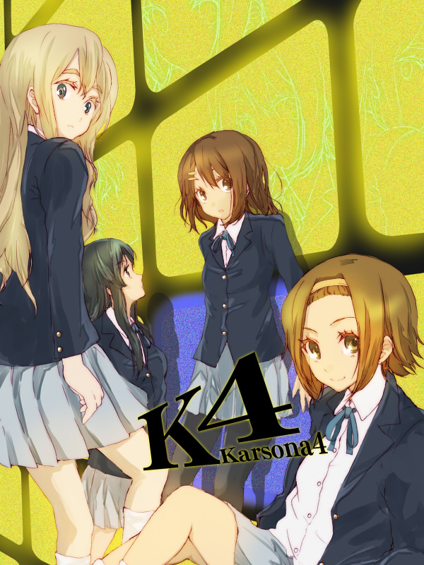 nishiuri warito, akiyama mio, hirasawa yui, kotobuki tsumugi, tainaka ritsu, atlus, k-on!, persona, persona 4, bad id, bad pixiv id, 4girls, brown hair, crossover, hair ornament, hairband, hairclip, ho-kago tea time, long hair, multiple girls, pantyhose, parody, school uniform, short hair, smile