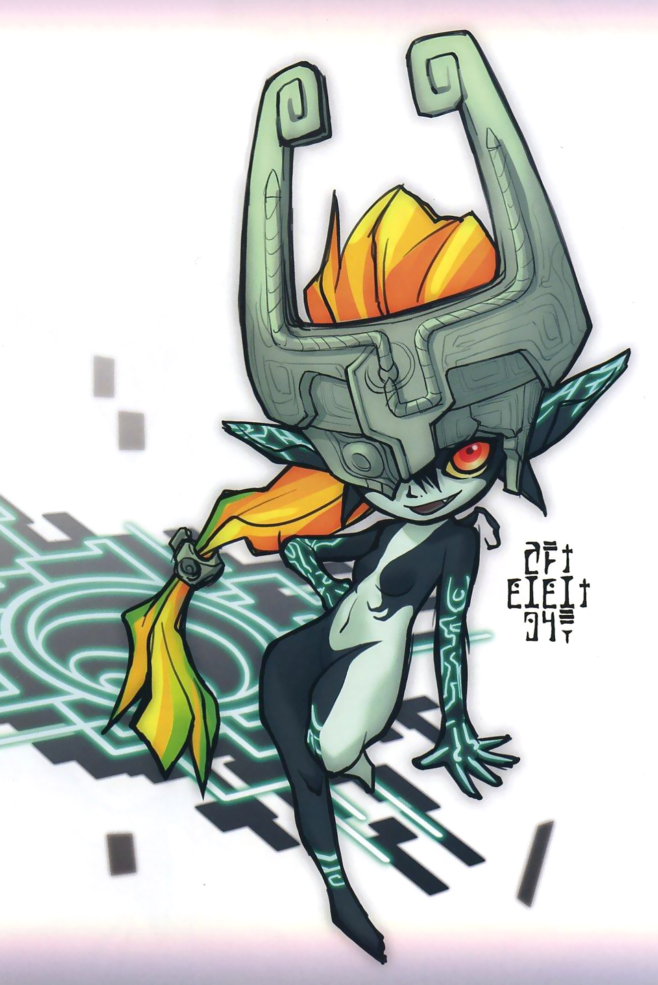 ito noizi, midna, nintendo, the legend of zelda, the legend of zelda: twilight princess, highres, 1girl, fang, female focus, full body, hand on own hip, helmet, hip focus, hole, navel, orange hair, pointy ears, red eyes, smile, solo, tattoo, wii version