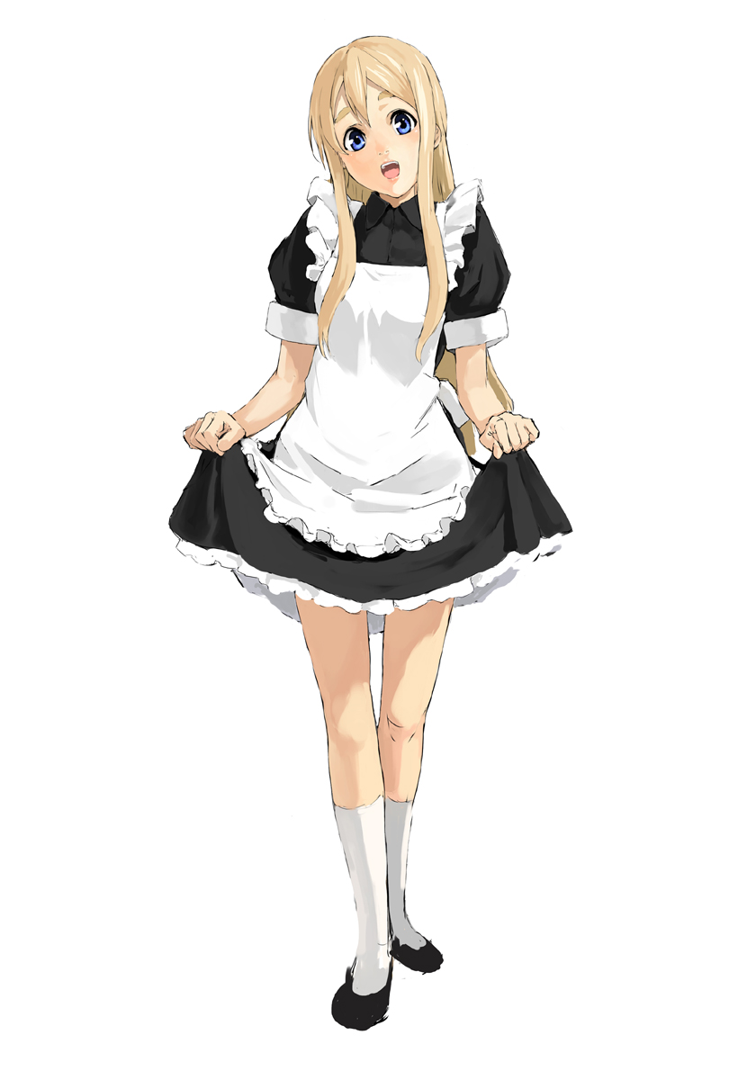 kuroko (piii), kotobuki tsumugi, k-on!, highres, 00s, 1girl, alternate costume, blonde hair, blue eyes, blush, enmaided, female focus, full body, happy, legs, long hair, maid, simple background, socks, solo, white background