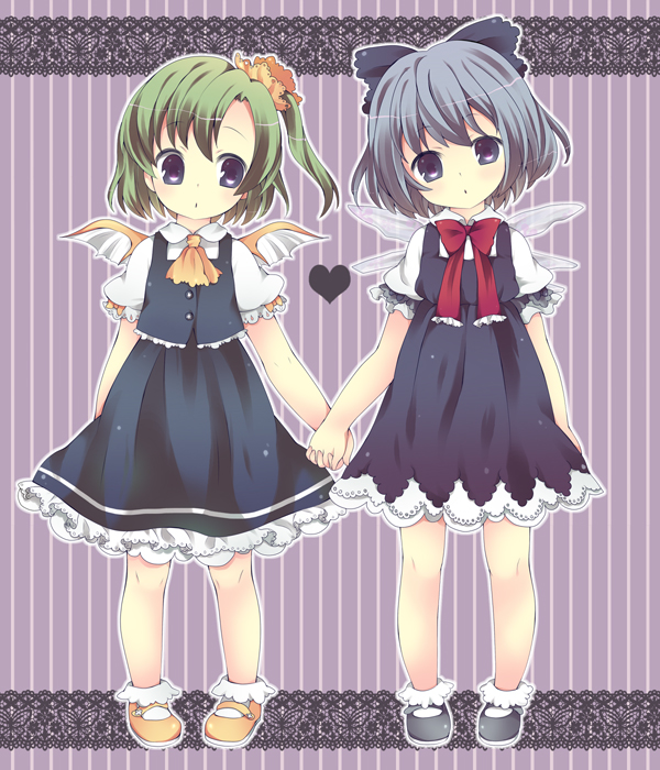 maki (natoriumu), cirno, daiyousei, embodiment of scarlet devil, touhou, duplicate, 2girls, blue eyes, blue hair, green hair, hair ribbon, holding hands, mary janes, multiple girls, ribbon, shoes, short hair, side ponytail, simple background, wings
