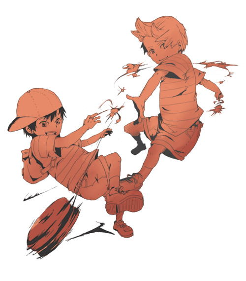 lucas (mother 3), ness (mother 2), mother (series), mother 2, mother 3, nintendo, super smash bros., 2boys, backpack, bag, child, hat, male focus, monochrome, multiple boys, orange theme, randoseru, simple background, smile, white background, yo-yo