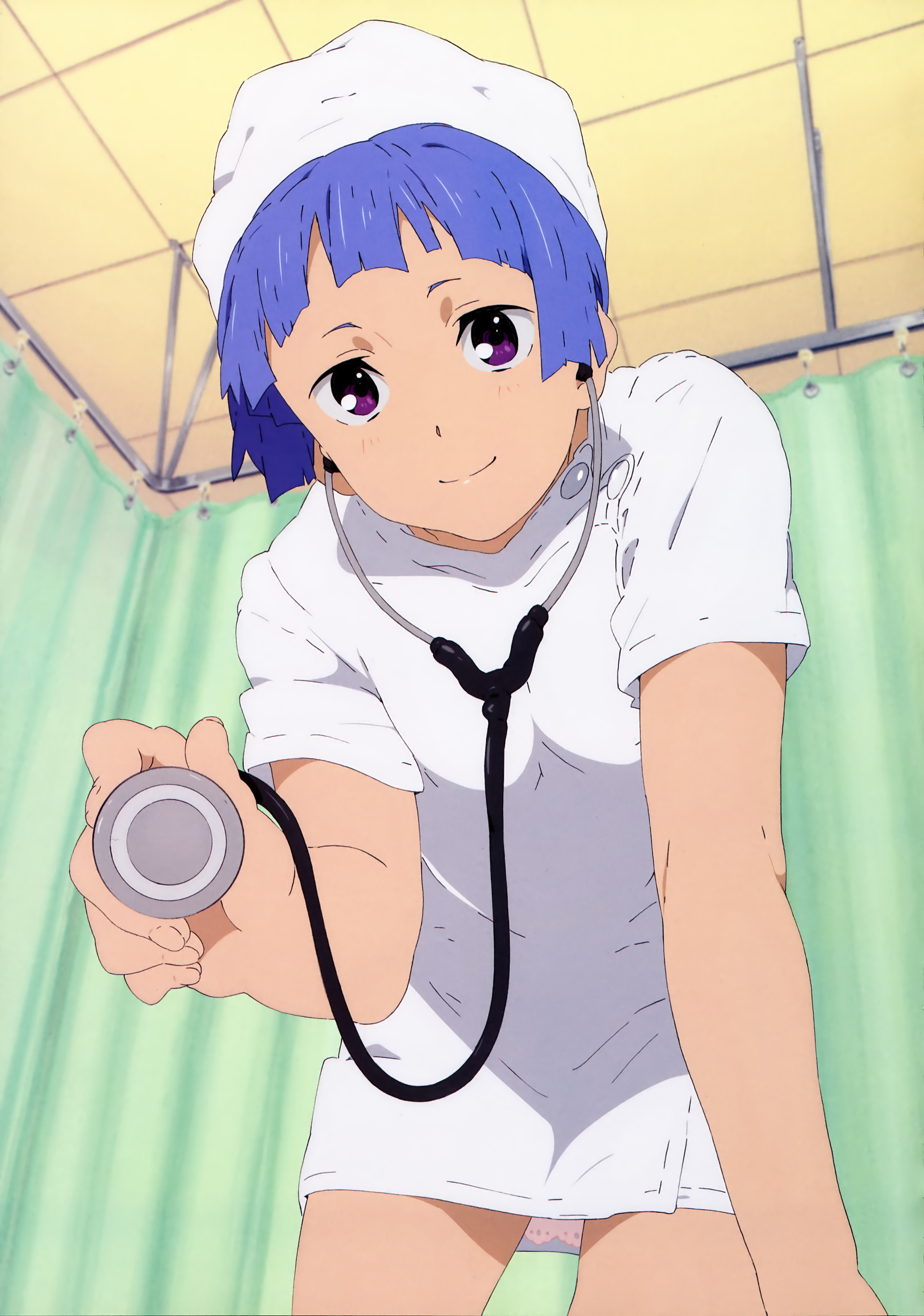 nagi, kannagi, absurdres, highres, 00s, blue hair, blunt bangs, nurse, purple eyes, solo