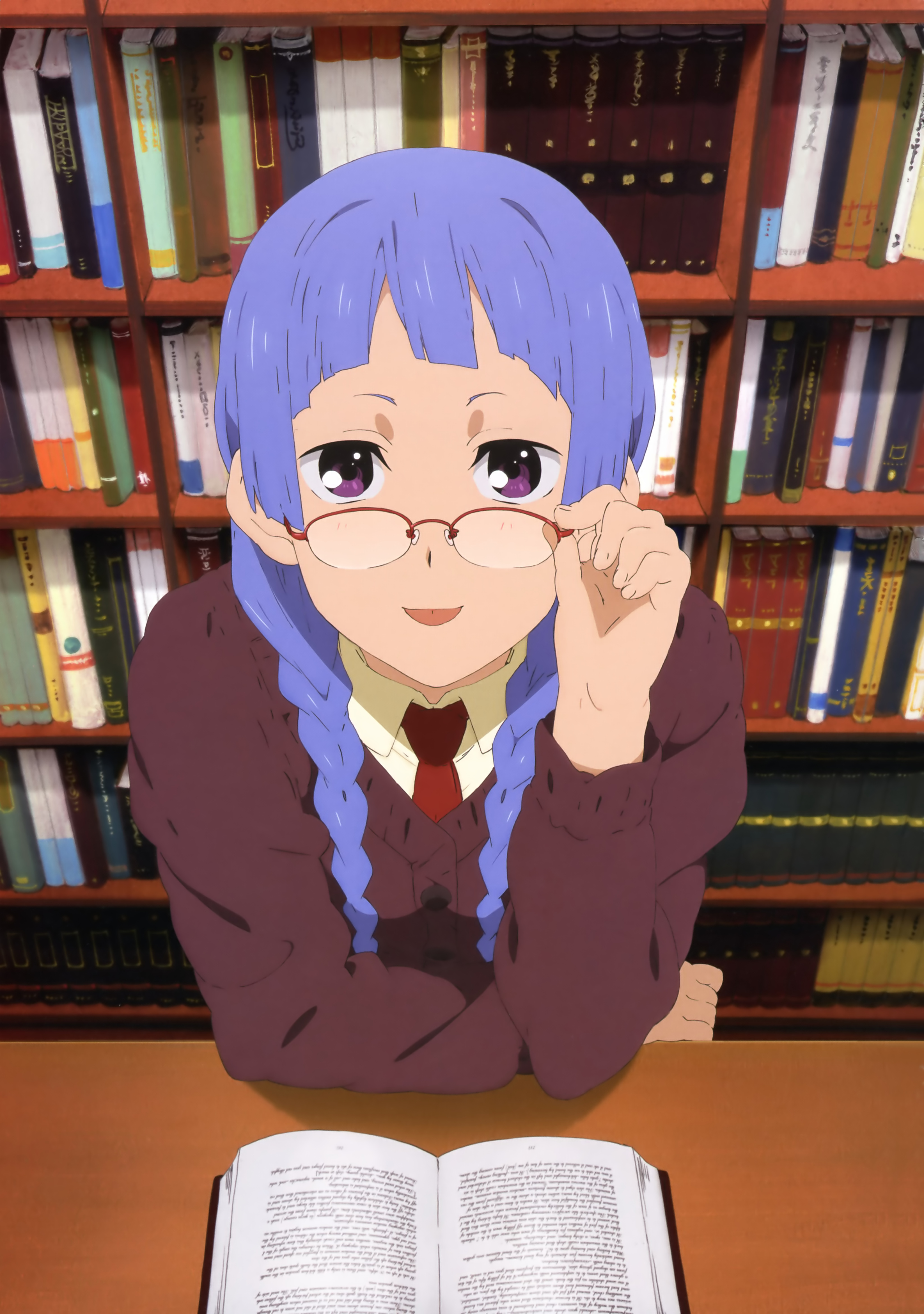 nagi, kannagi, absurdres, highres, official art, 00s, 1girl, adjusting eyewear, blue hair, blunt bangs, book, braid, female focus, glasses, library, necktie, purple eyes, solo, twin braids