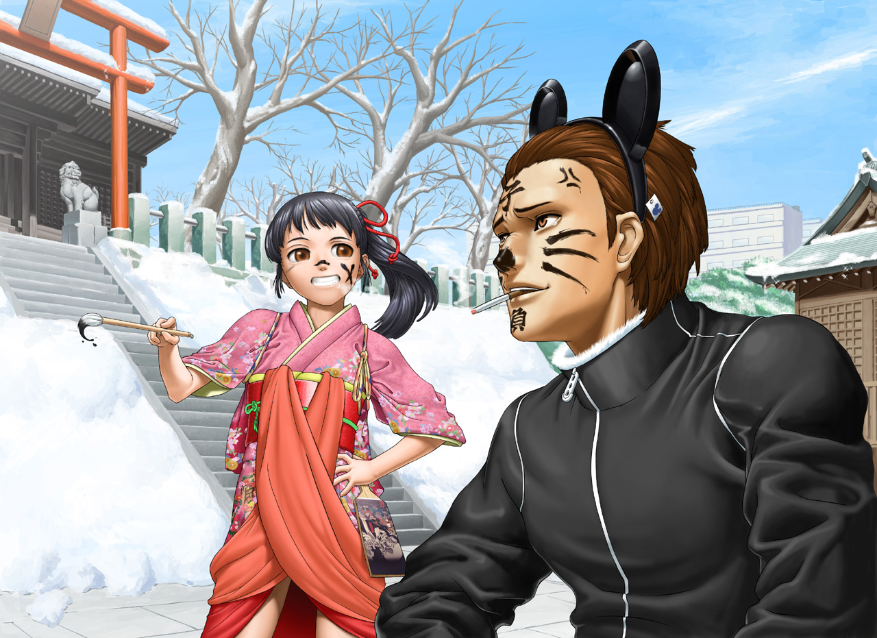 crow (torigoya), torigoya, mickey mouse, disney, original, 1boy, 1girl, animal ears, black hair, brown eyes, calligraphy brush, cigarette, drawing on another's face, facepaint, hagoita, hanetsuki, japanese clothes, kimono, mickey mouse ears, mouse ears, paddle, paintbrush, school uniform, shrine, smile, smoking, snow, temple, torii, what