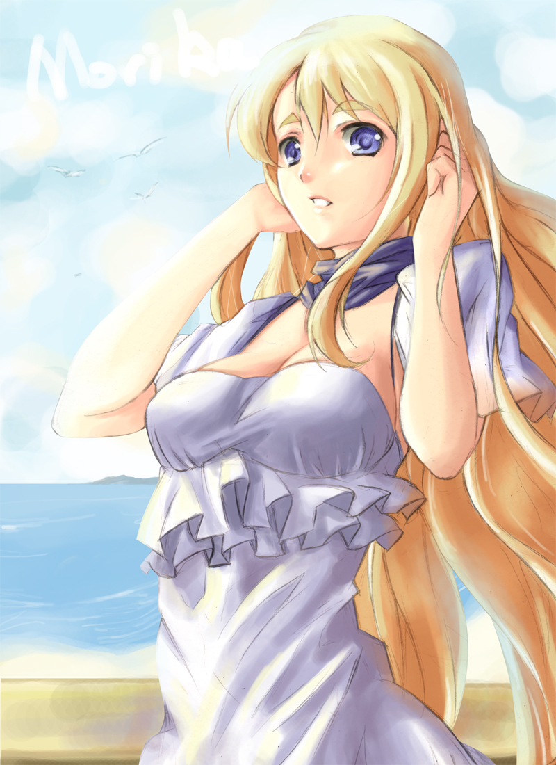 sky of morika, kotobuki tsumugi, k-on!, eyebrows, bad id, bad pixiv id, 00s, 1girl, blonde hair, blue eyes, dress, female focus, long hair, sky, solo, very long hair