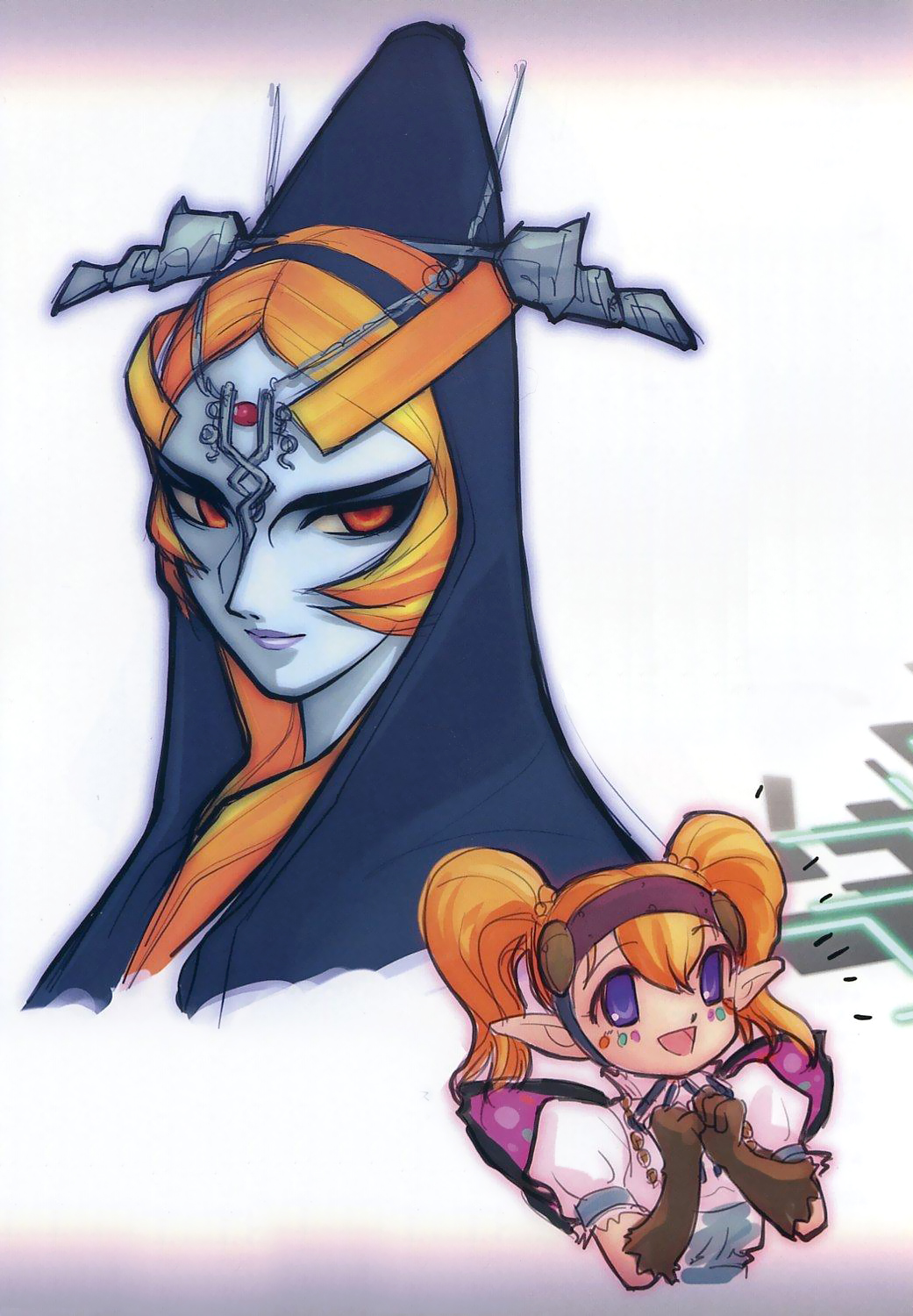 ito noizi, agitha, midna, midna (true), nintendo, the legend of zelda, the legend of zelda: twilight princess, highres, spoilers, 2girls, blonde hair, gloves, long hair, multiple girls, pointy ears, purple eyes, red eyes, robe, smile, twintails, wings