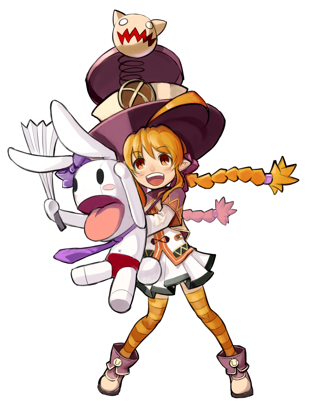 kansou samehada, khulaz, acquire, ken to mahou to gakuen mono, ken to mahou to gakuen mono 2, bad id, bad pixiv id, highres, 1girl, blush, braid, brown eyes, child, female focus, happy, hat, hug, long hair, orange hair, simple background, solo, striped clothes, striped thighhighs, stuffed animal, stuffed toy, thighhighs, twin braids, witch hat