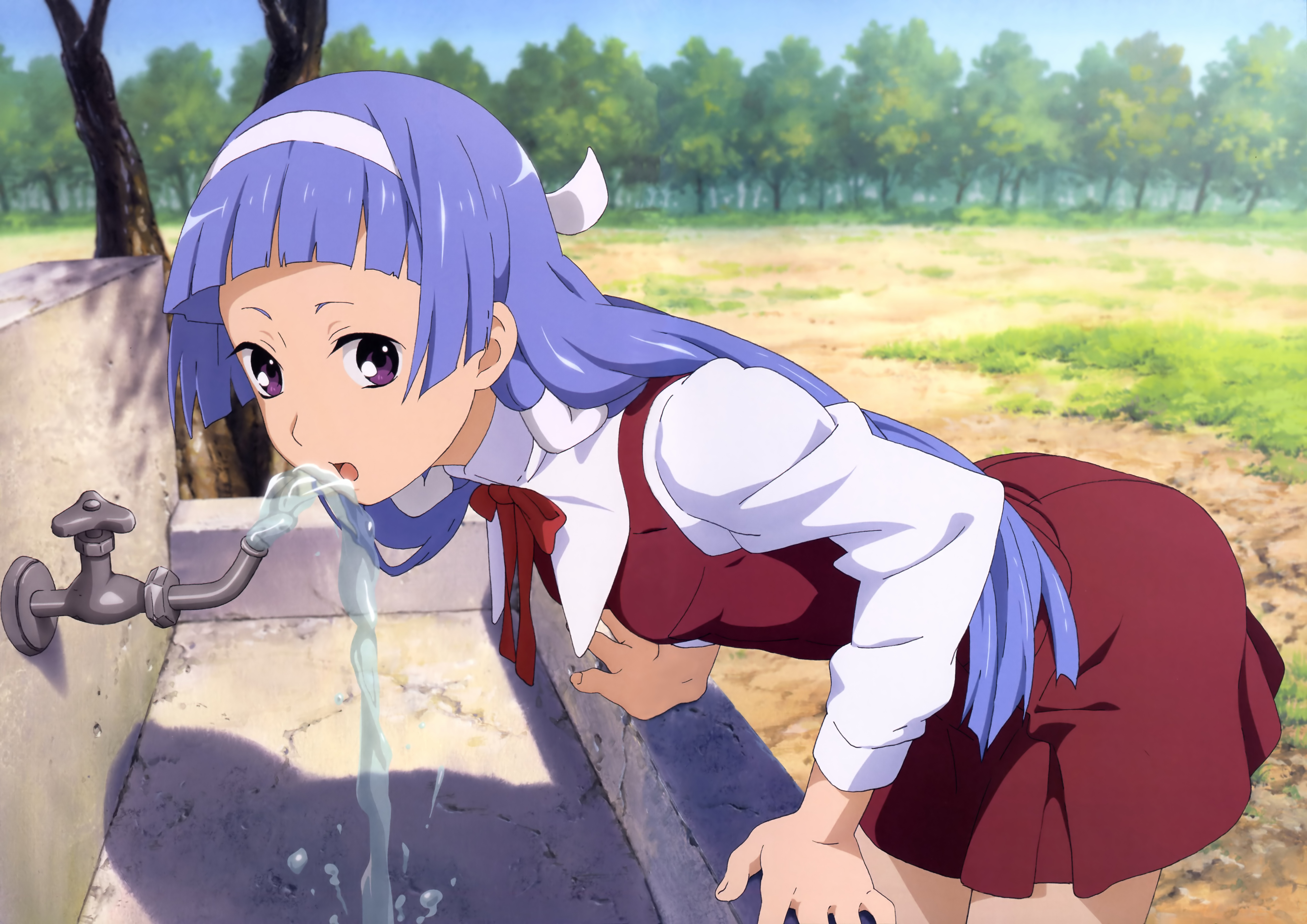 nagi, kannagi, absurdres, highres, official art, 00s, 1girl, bent over, blue hair, blunt bangs, drinking, drinking fountain, female focus, fountain, hair tubes, hairband, purple eyes, ribbon, school uniform, solo