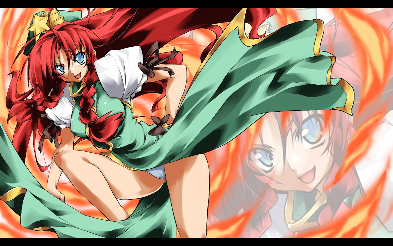 take shinobu, takesinobu, hong meiling, embodiment of scarlet devil, touhou, bad id, bad pixiv id, 1girl, blue eyes, braid, female focus, hat, panties, pantyshot, red hair, solo, twin braids, underwear, zoom layer