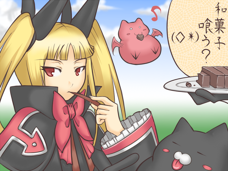 piza poteto, pizapote, gii, nago, rachel alucard, arc system works, blazblue, translated, 1girl, bat (animal), blonde hair, bow, candy, cat, dress, female focus, food, gothic lolita, lolita fashion, long hair, red bow, red eyes, ribbon, solo, twintails