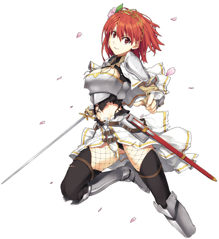 luna (reclaimed land), cecily cambell, seiken no blacksmith, official art, 00s, 1girl, alternate costume, angry, armor, belt, black pantyhose, breasts, capelet, chain, cherry blossoms, cleavage, cleavage cutout, clothing cutout, corset, crown, elbow gloves, fantasy, female focus, fighting stance, fingerless gloves, fingernails, fishnet pantyhose, fishnets, flower, foreshortening, gloves, greaves, hair flower, hair ornament, holding, large breasts, leg lift, leotard, long fingernails, midriff, navel, outstretched arm, pantyhose, petals, red eyes, red hair, scabbard, sheath, short hair, simple background, skirt, solo, sword, thigh strap, thighhighs, torn clothes, turtleneck, weapon