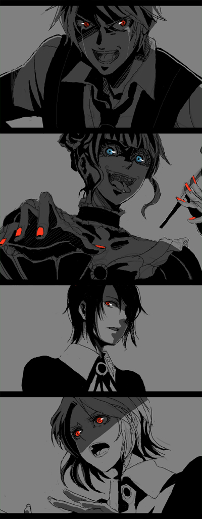 fujiwara hiro, beatrice (umineko), kanon (umineko), shannon (umineko), ushiromiya battler, umineko no naku koro ni, 00s, 2boys, 2girls, blue eyes, monochrome, multiple boys, multiple girls, red eyes, spot color