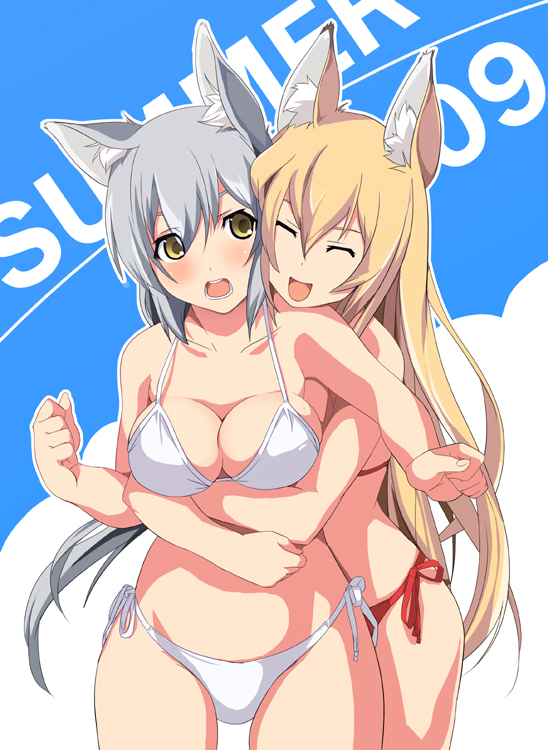 date (senpen), gyokuyou, tenko kuugen, wagaya no oinari-sama, silver hair, 00s, 2009, 2girls, animal ears, bikini, blonde hair, blush, breasts, closed eyes, collarbone, fingernails, fox ears, hug, large breasts, long hair, multiple girls, open mouth, side-tie bikini bottom, standing, swimsuit, teeth