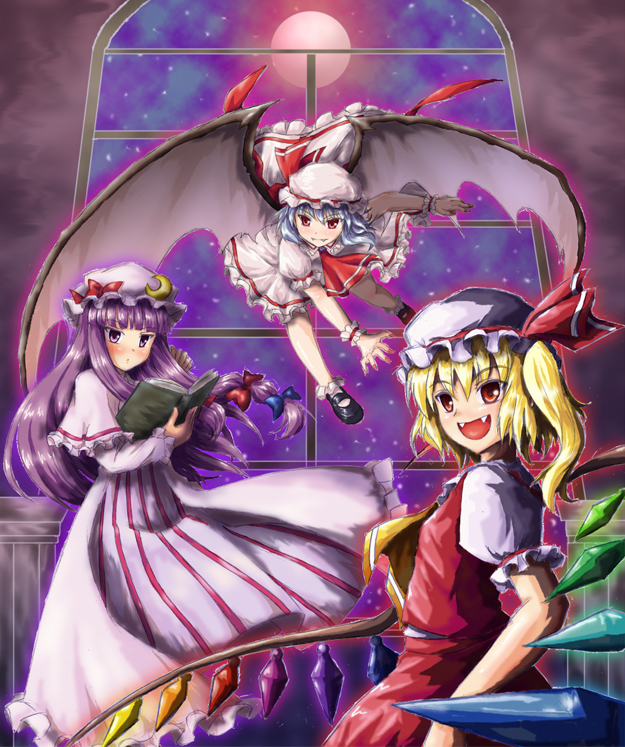 kimoto kanata, flandre scarlet, koakuma, patchouli knowledge, remilia scarlet, embodiment of scarlet devil, touhou, bad id, bad pixiv id, 4girls, bat wings, blonde hair, blue hair, book, dress, fangs, female focus, hat, indoors, moon, multiple girls, night, one side up, ponytail, red eyes, red moon, short hair, side ponytail, skirt, sky, window, wings