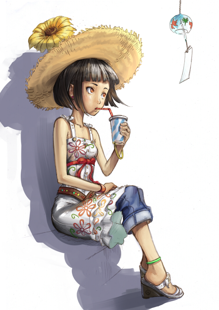 hibakari, original, anklet, black hair, bracelet, denim, dress, drinking, flower, hat, jeans, jewelry, pants, red eyes, sandals, shadow, short hair, sitting, solo, straw hat, sunflower, wedge heels, wind chime