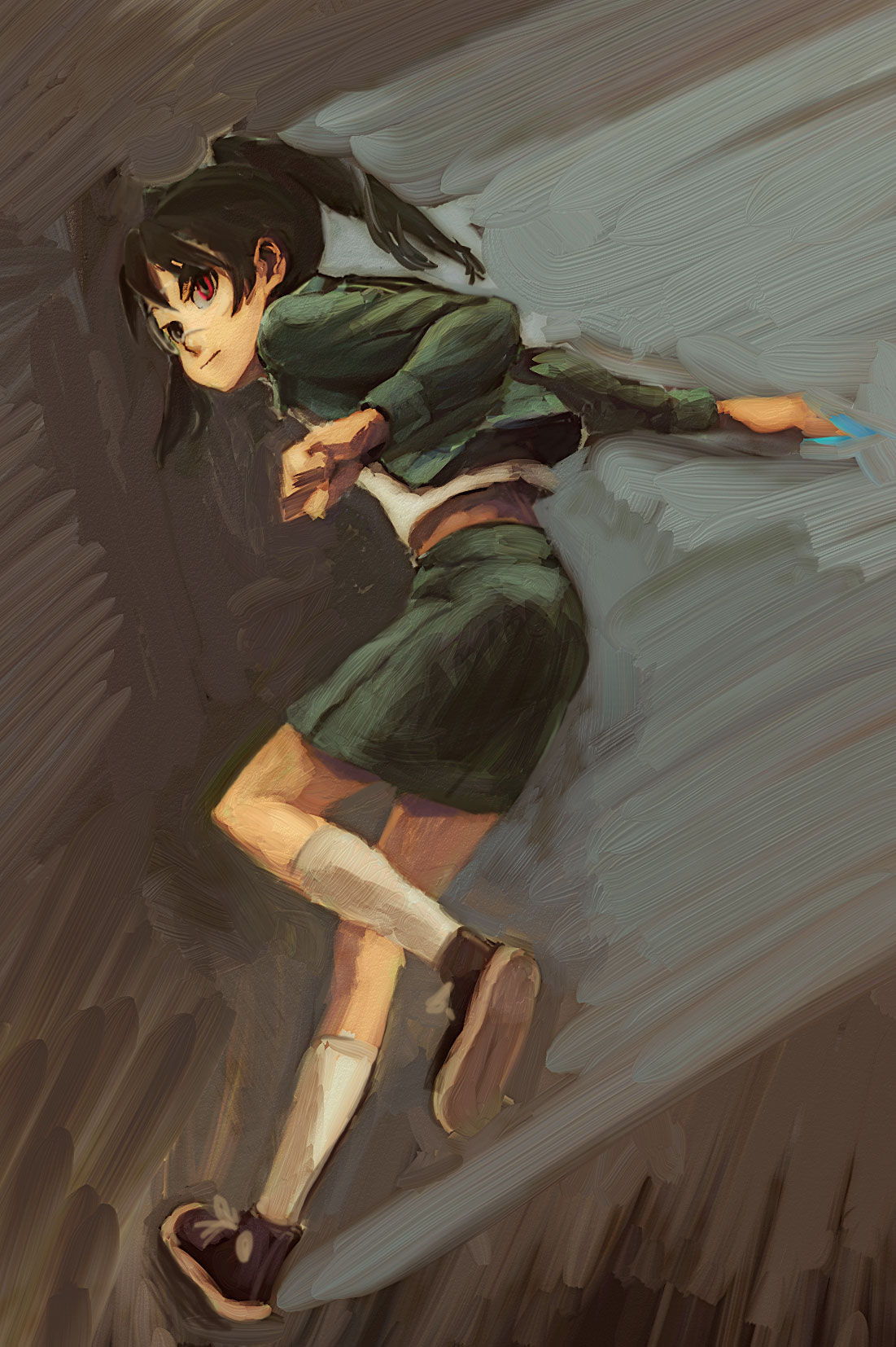 jeli, amasawa yuuko, dennou coil, bad id, highres, 00s, 1girl, brown hair, female focus, glasses, jacket, looking back, midriff, pencil skirt, red eyes, skirt, solo, twintails