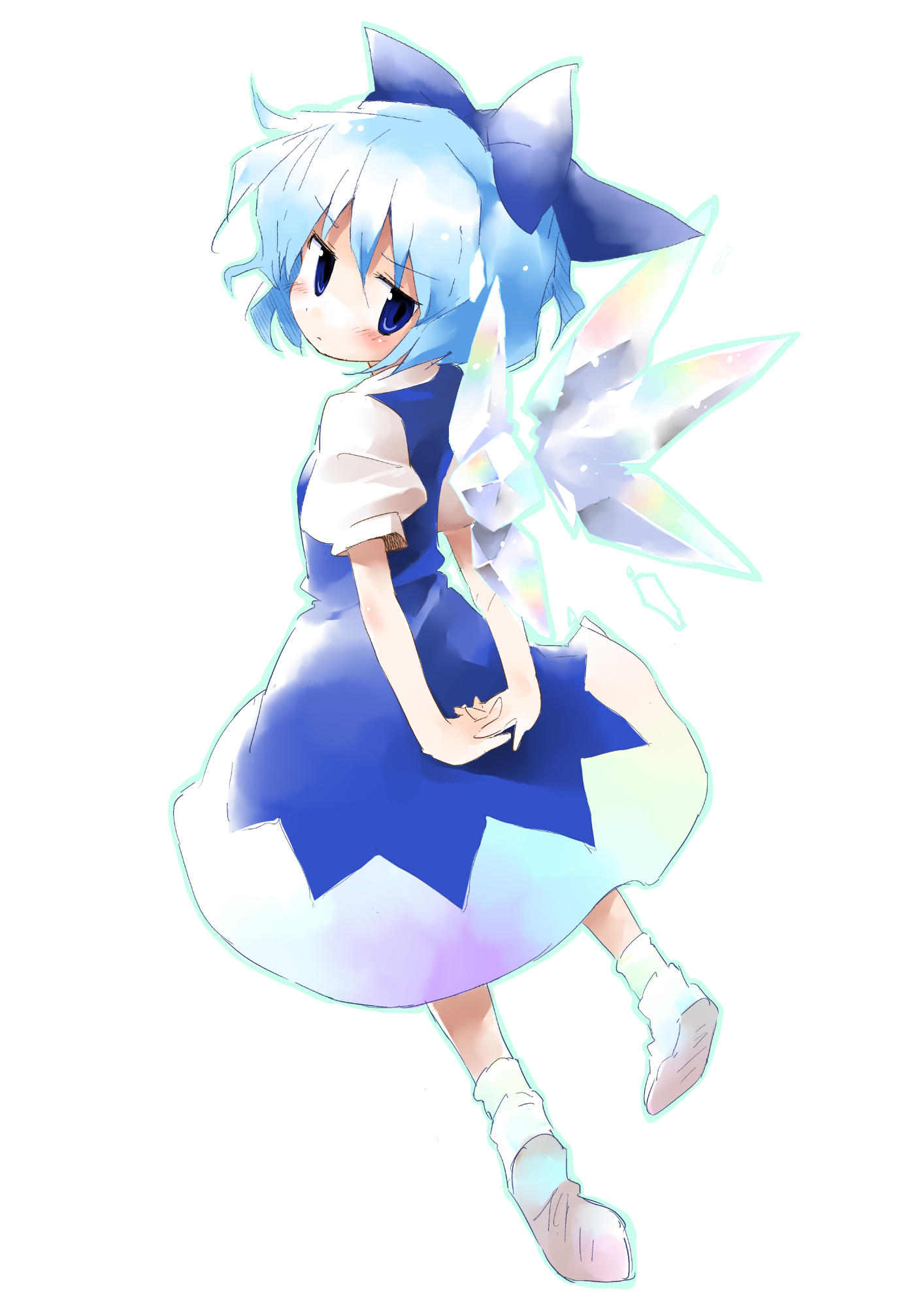 suka, cirno, embodiment of scarlet devil, touhou, highres, 1girl, back, blue eyes, blue hair, bow, female focus, full body, hair bow, looking back, matching hair/eyes, own hands together, short hair, simple background, socks, solo, white background, wings