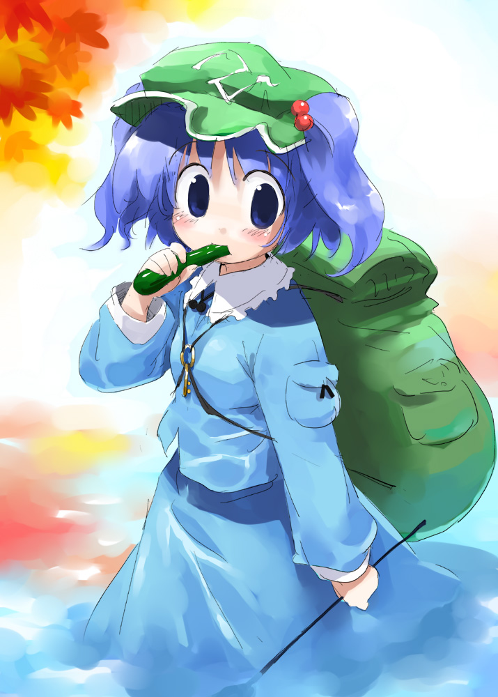 suka, kawashiro nitori, touhou, 1girl, backpack, bag, blue eyes, blue hair, cucumber, female focus, hair bobbles, hair ornament, hat, matching hair/eyes, randoseru, short hair, solo, twintails, two side up