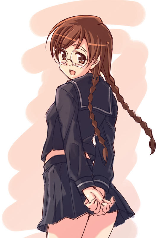 e20, clala, quiz magic academy, 1girl, :d, arms behind back, black serafuku, braid, brown eyes, brown hair, cowboy shot, female focus, glasses, long hair, looking at viewer, looking back, open mouth, pleated skirt, round eyewear, school uniform, serafuku, skirt, smile, solo, twin braids