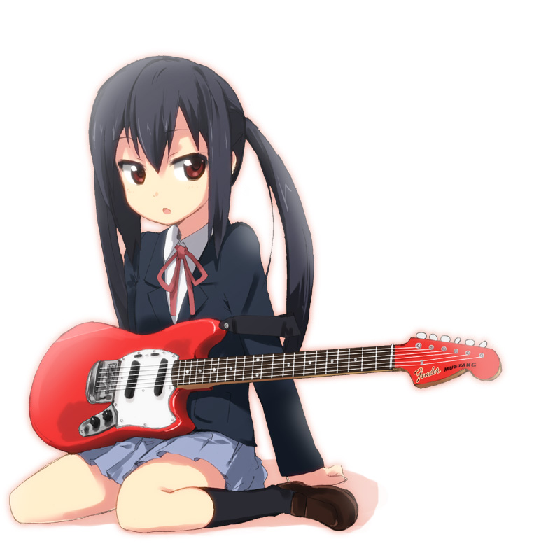h@ll, nakano azusa, k-on!, bad id, bad pixiv id, 00s, 1girl, black hair, brown eyes, female focus, fender (company), guitar, instrument, kneehighs, long hair, mustang (guitar), neck ribbon, open mouth, pleated skirt, red ribbon, ribbon, school uniform, simple background, sitting, skirt, socks, solo, twintails, wariza, white background