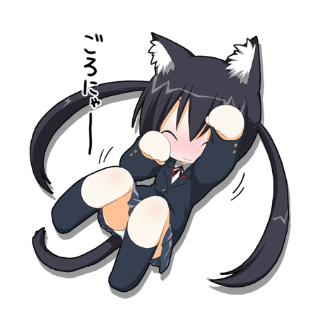 kohinata sora, nakano azusa, k-on!, lowres, 00s, 1girl, :3, animal ear fluff, animal ears, black hair, blush, cat ears, cat girl, cat tail, chibi, closed eyes, female focus, long hair, panties, paw pose, school uniform, skirt, smile, socks, solo, tail, twintails, underwear, white panties