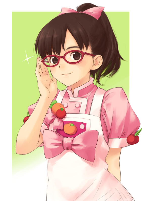 inou shin, 1girl, adjusting eyewear, bow, brown eyes, brown hair, carrot, cherry, female focus, food, food-themed clothes, fruit, glasses, hair bow, orange (fruit), ponytail, red-framed eyewear, solo
